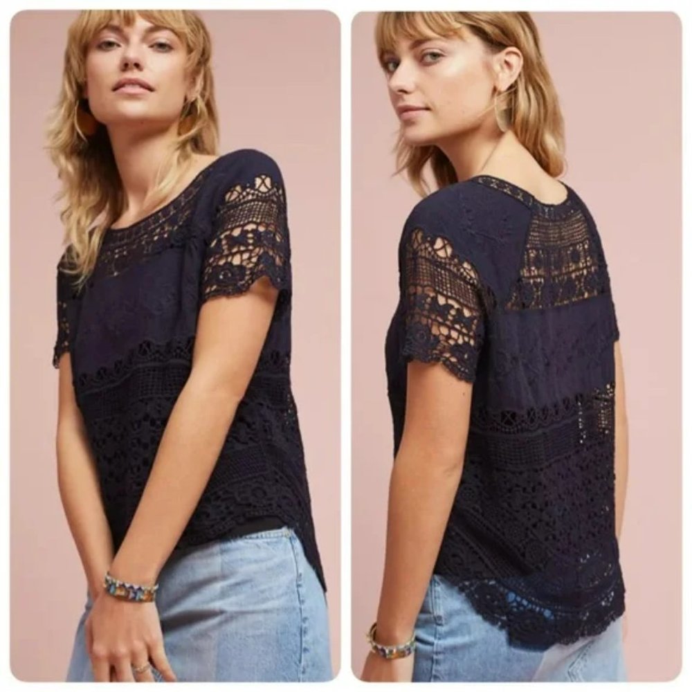 COPY - NWT Anthropologie Deletta Marylin Crochet Lace Navy Blue top. XS. Beauti…